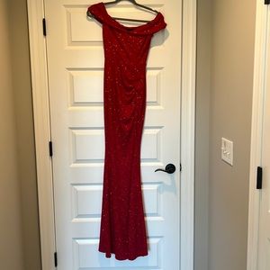 Windosr XS, sparkly red off the shoulder dress